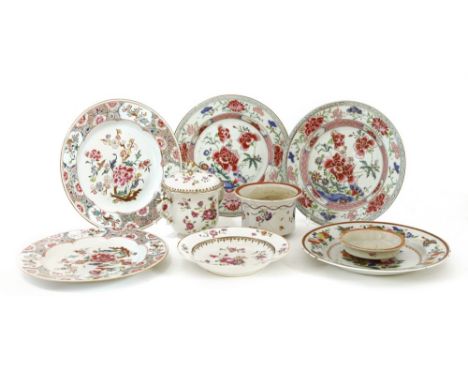 A collection of Chinese famille rose, 18th to 19th century, comprising: a two-handled cup and cover with an en suite plate, t