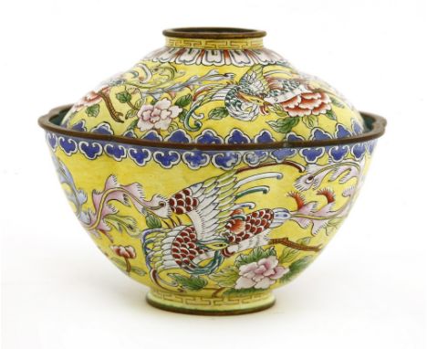 A Chinese enamelled bronze bowl and cover, of lobed form, painted with phoenixes and peony between ruyi head and key fret bor