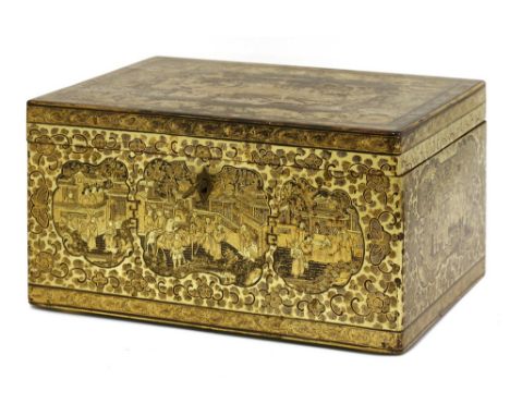 A Chinese lacquered tea caddy, 19th century, of rectangular form, painted in gilt against a black ground, with warriors or fi