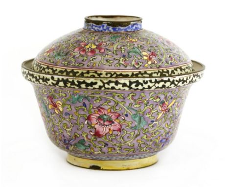 A Chinese Canton enamelled bowl and cover, 19th century, of tapering circular form with rounded rim, painted with scrolling l