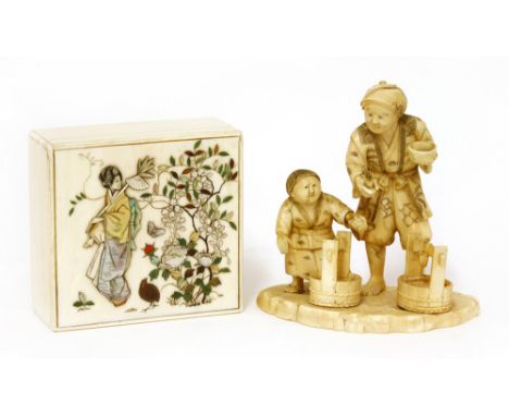 A Japanese ivory Shibayama box and cover, Meiji period (1868-1912), the cover inlaid with mother-of-pearl and hardstones of a