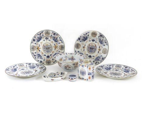 A Chinese export Imari part service, c.1716, comprising: four plates, 22cm, a bowl, 19.3cm diameter, a spoon tray, 14.7cm lon