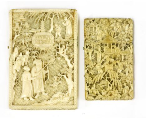 Two Chinese Canton ivory card cases with swing covers, 19th century, one carved with an old man hunting in a garden, pointing