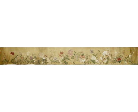 A Chinese hand scroll, decorated with sprigs of flowers including peony, hydrangea, wisteria, magnolia, lilac, and iris, ink 