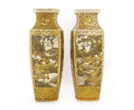 A pair of Japanese Satsuma vases, Meiji period (1868-1912), of tapering square form, painted with samurai , sarumawashi or bi