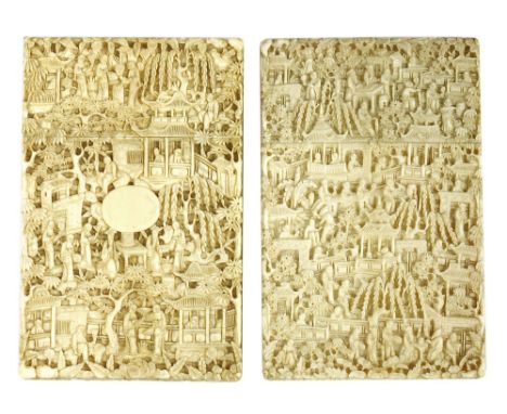 Two Chinese Canton ivory card cases, 19th century, one carved with two literati playing go in the garden, surrounded by other