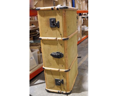 Two vintage steamer travelling trunk, wooden bound and clad in canvas, and a black leather suitcase by M Brine Baggage, Canad