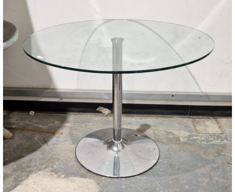 Modern glass-topped dining table of circular form, on a chromed metal base, 74cm high x 100cm diameter, contemporary glass co