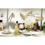 Cream anglepoise-style lamp, another similar example in grey, and a small alabaster table lamp (3)
