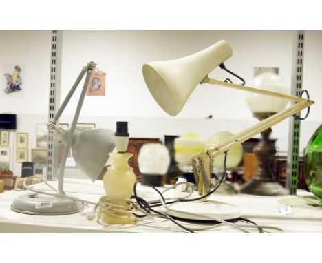 Cream anglepoise-style lamp,&nbsp;another similar example&nbsp;in grey, and a small alabaster table lamp&nbsp;(3)&nbsp;