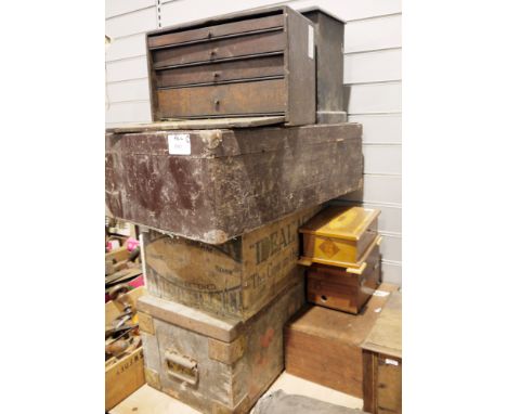 Eight vintage wooden boxes/chests, one a vintage portable pressure recorder/barograph, another with five drawers containing a