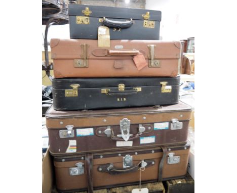 Vintage black leather dressing case, gilt initials, brass coloured fittings, large brown vintage suitcase labelled 'British M
