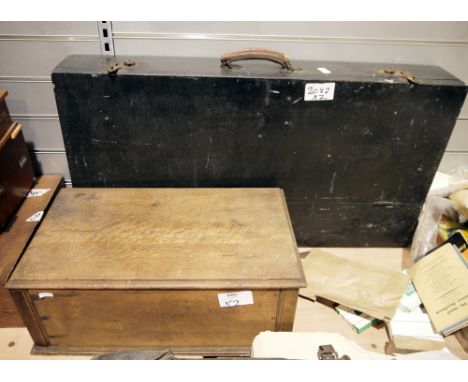 Wooden box containing a quantity of dressmaking patterns along with a tool box containing a small quantity of vintage tools (