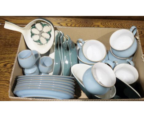 Denby blue glazed part tea and dinner service&nbsp;to include teacups, saucers, side plates, two lidded casserole pots, dinne