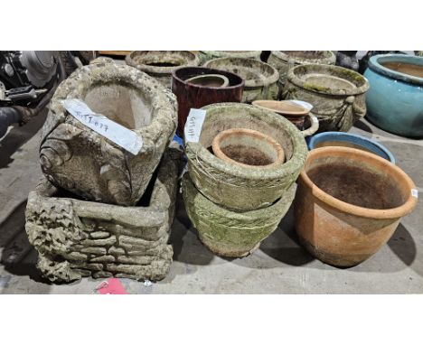 Selection of stoneware pots, two bearing floral designs, another pair bearing Celtic knot work, and two terracotta pots (6)&n