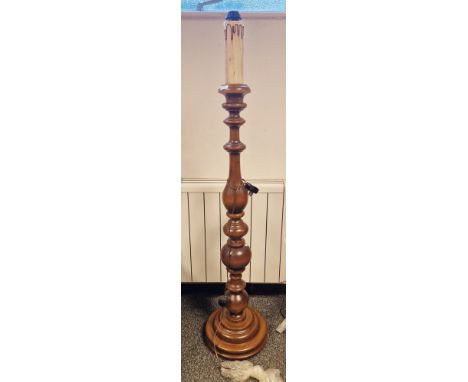Contemporary Victorian-style wooden turned baluster standard lamp, with faux candlestick top, on stepped circular base, 118cm