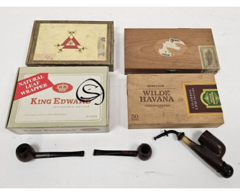 Early 20th century German or Tyrolean turned wooden pipe and two others, and four vintage cigar boxes (7)