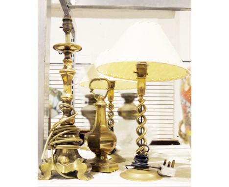 Pair of helical stemmed brass table lamps, a further brass table lamp and a brass door stop (4)