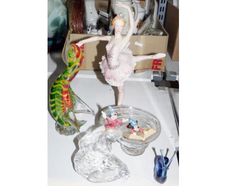 Disney Austrian glass paperweight&nbsp;of Mickey Mouse from Fantasia riding a wave formed in glass and another similar&nbsp;o