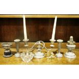 Small quantity of plated wares, a two-branch plated candelabra, a pair of plated flower vases, and
