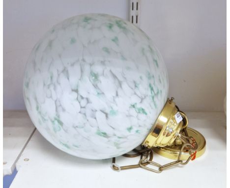 Contemporary large opaque glass globe-shaped pendant light with gilt-metal fittings, in the Art Deco style, the shade marbled