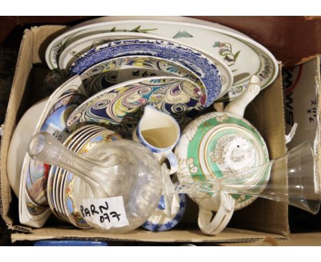 Quantity of assorted ceramics, glass ware, boxed Dartington red wine glasses, other boxed glasses, sea shells, a Byzantia war