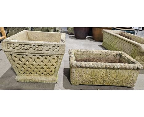 Stone Cotswold Studios Ltd planter with Celtic knotwork decoration, 40cm x 40cm x 33cm, and a Cotswold Range U36 stone plante