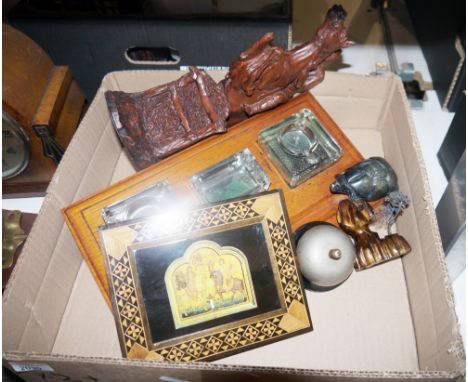 Marquetry inlaid gallery surrounded tray, a desktop inkwell set&nbsp;with three glass reservoirs, an early 20th century Napol