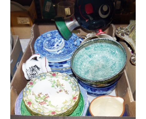 Ceramic wall pocket, a selection of blue and white plates and dishes to include Old Dutch, Copeland Spode, and Woods and Sons