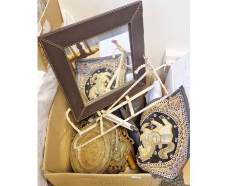 Assorted items to include a metal saddle rack, a mirror, silver plate trays, Eastern-style embroidery showing a galloping hor