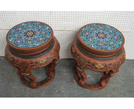 CHINESE INCISED LACQUER AND CLOISONNE ENAMEL GARDEN SEATS, a pair, early to mid 20th century, 47cm H x 43cm D. (2) (with faul