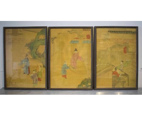 CHINESE PRINTS/PAINTINGS, a set of eighteen, 19th century hand painted on fabric depicting character figures in landscape wit