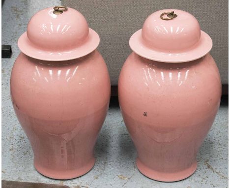 VASES, a pair, Chinese pink glazed ceramic with covers, 52cm H. (slight imperfections) (3)