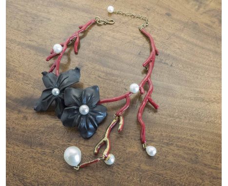 PHILLIPE FERRANDIS PARIS, a coral coloured enamel and pearl flower necklace.