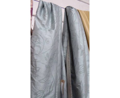 CURTAINS, a pair, blue floral patterned silk lined gathered 106cm x 228cm drop. (2) (with faults, some fading)