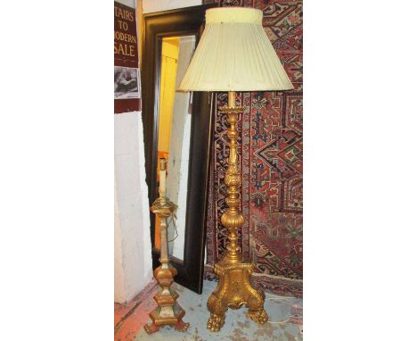 STANDARD LAMP, Ecclesiastical style giltwood with leaf decoration and a shade, approx 200cm H and an Altar style wooden lamp,