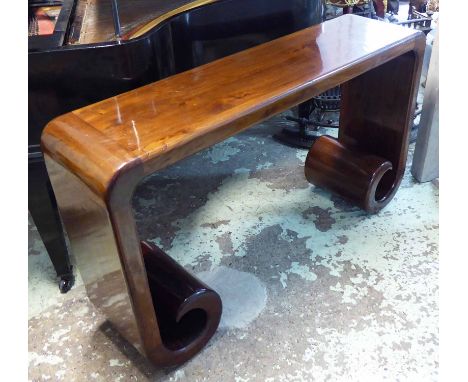 CHINESE CONSOLE TABLE, elm on shaped scrolled supports, 150cm W x 85cm H x 38cm D.