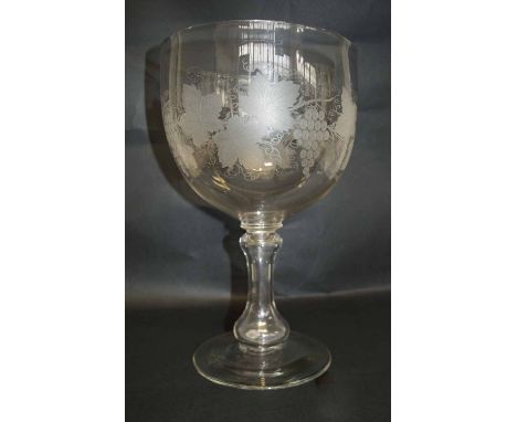 VICTORIAN ETCHED GLASS, large rare item with Victorian silver coin inside stem, 34cm H.