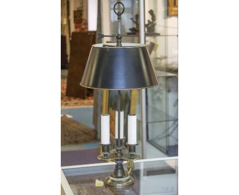 BOUILLOTTE LAMP, early 20th century French gilt metal of three lights with adjustable black tole shade, 63cm H x 27cm.