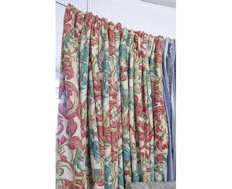 CURTAINS, a pair, heraldic designs on a cream background, lined and interlined, 100cm W gathered x 312cm Drop. (2)