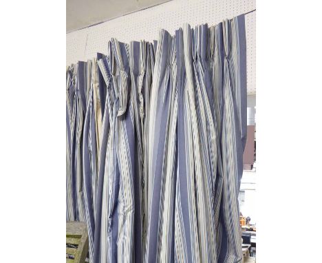CURTAINS, three pairs, in blue striped fabric, lined, gathered, 104cm W x 200cm Drop. (6)