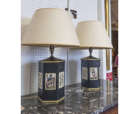TABLE LAMPS, a pair, hexagonal black and gilt with Italian playing card detail, 55cm H including shades. (2)