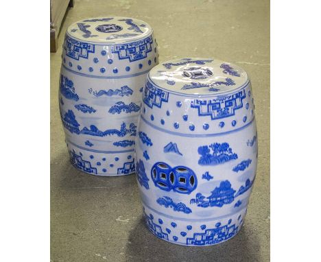 CONSERVATORY SEATS, a pair, Chinese blue and white ceramic pierced barrel shaped, 45cm H. (2)