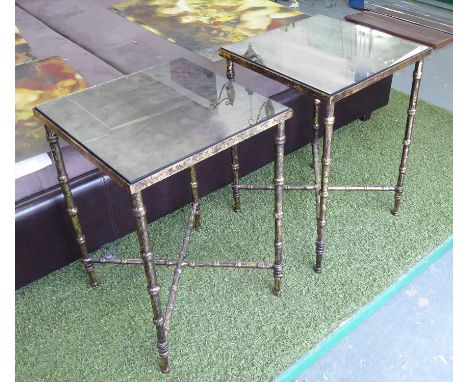 LAMP TABLES, a pair, square mirrored top on a faux bamboo metal frame, 41cm x 41cm x 59cm H. (2)