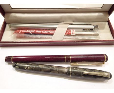 Vintage marble finished Cotswold Chatsworth lever fill fountain pen with nib stamped 18C, a Waterman fountain pen and a boxed