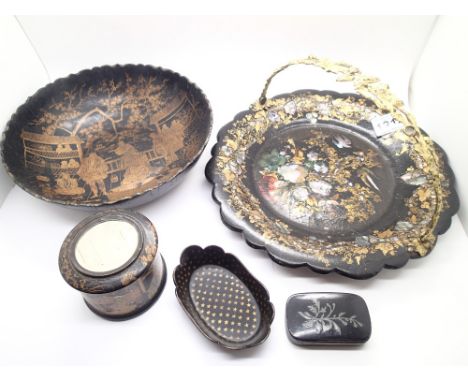 Five pieces of antique paper mache items including inlaid mother of pearl fruit plate, Victorian snuff box and a mirror lidde