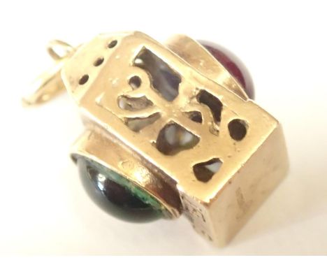9ct gold lantern charm set with green and red stones 3.4g 