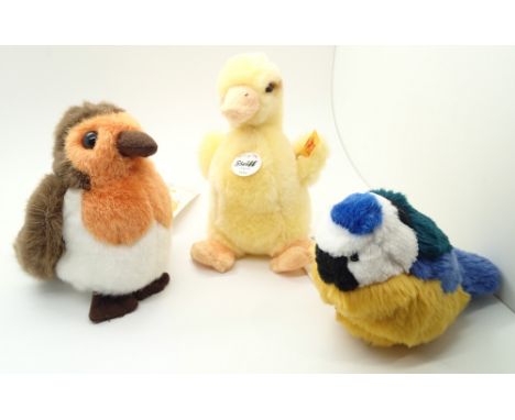 Three stuffed animal toys Steiff Pilla Duckling Robin and blue bird 