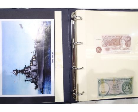 Folder containing vintage world banknotes including $20 and $10 US with postcards and ephemera 