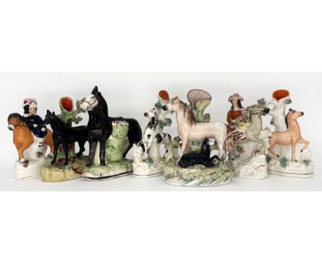 EQUESTRIAN: Seven assorted Staffordshire Pottery Flatback Horse Figurines, including a well modelled early Horse and Foal gro
